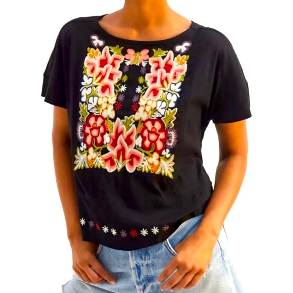 Anthropologie Tiny Black Embroidered Floral Boho Short Sleeve Blouse Top